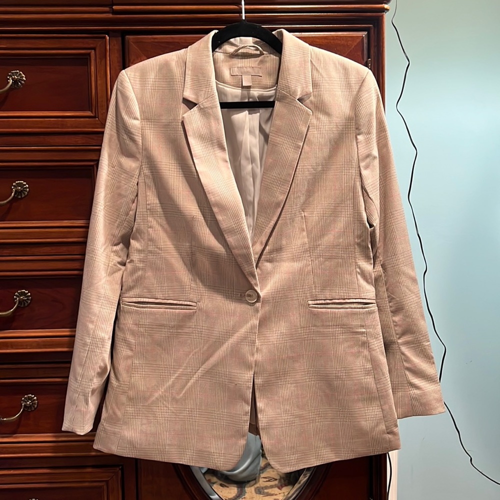 Neutral Glenn plaid H&M fitted classic blazer with pink accent sz 8
